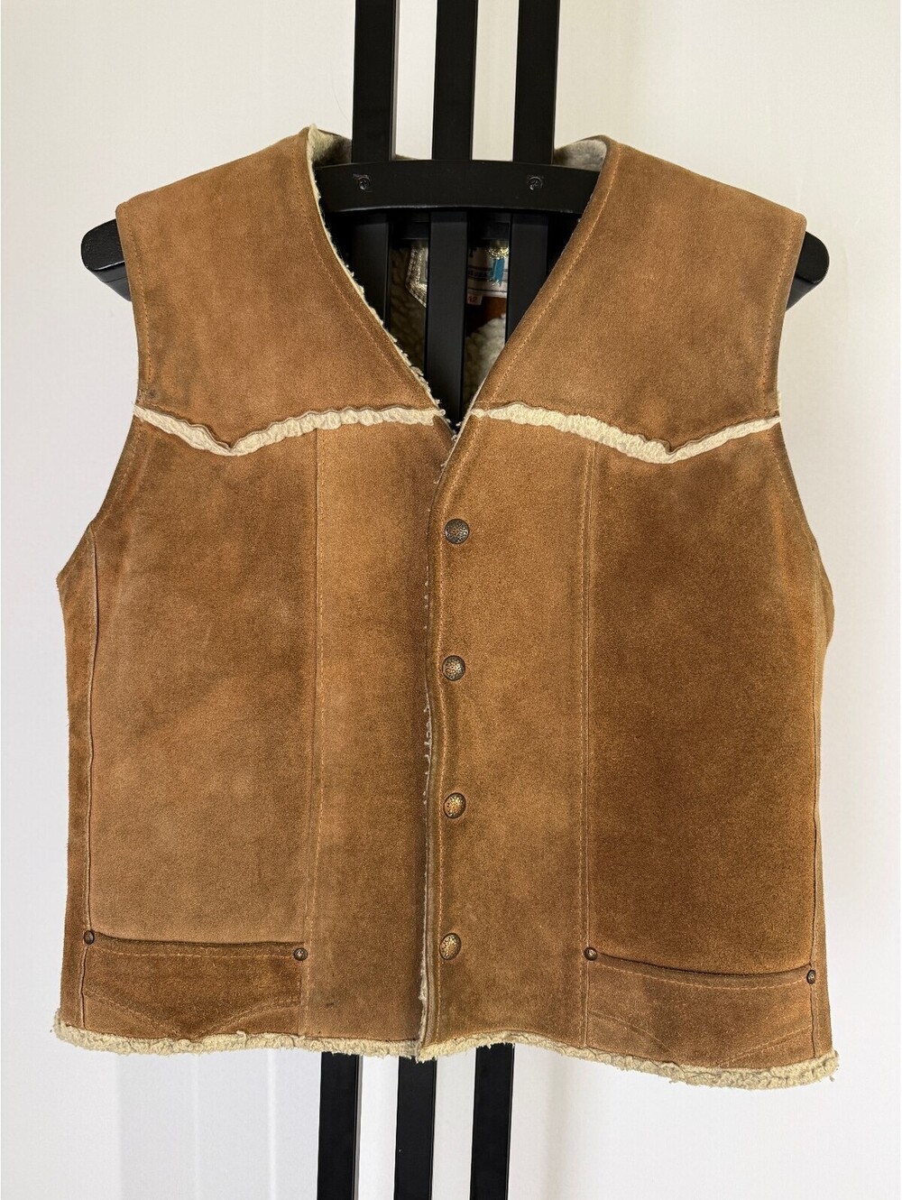 Pioneer Wear Suede Vest Mens 42 Vintage 70s Western Sherpa Lined Tan Brown USA